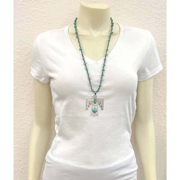 Navajo Thunderbird Turquoise Beaded Necklace with Extender and Pendant - Picture 2 of 3